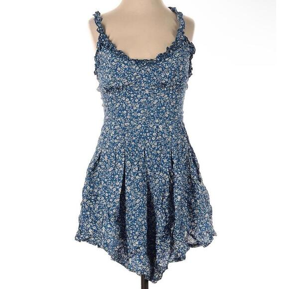 Oh Polly Pants - Oh Polly Tie Back Plunge Neck Blue Floral Flared Leg Romper Small/medium Size 4U